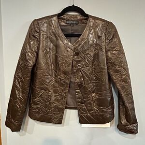 Lafayette 148 New York brown faux leather crinkle textured button up jacket size